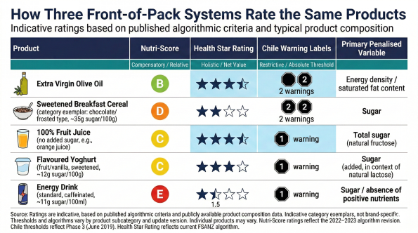 How Three Front-of-Pack Systems Rate the Same Products